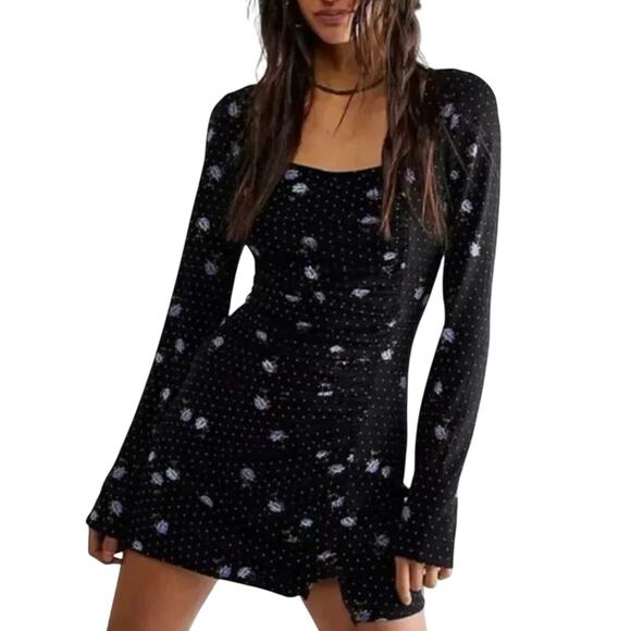 Free People Celia Mini Dress Black Floral Long Sleeve, Size XS, New with Tag - Picture 1 of 9